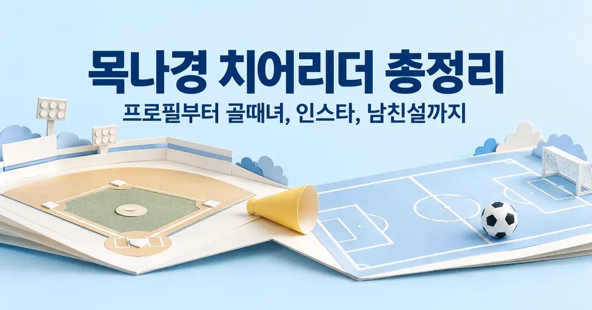 밝은 하늘색 배경에 종이 모형 야구장과 축구장, 노란 응원 확성기, 축구공을 배치하고 ‘목나경 치어리더 총정리: 프로필부터 골때녀, 인스타, 남친설까지’라는 제목을 담은 이미지.